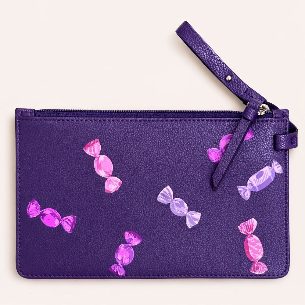 Kate Spade Purple Candy Print Leather Wristlet Pouch EUC - Picture 2 of 4